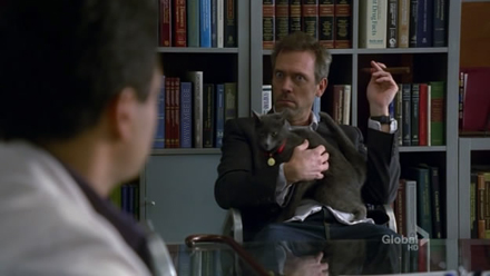 House 5�18 - House egy macsk�val az �l�ben �s szivarral a kez�ben �l, James Bond ellens�g�t parodiz�lva.