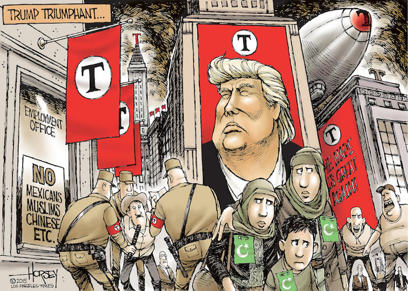 Az LA Times karikatúrája egy képzelt Trump-világképről